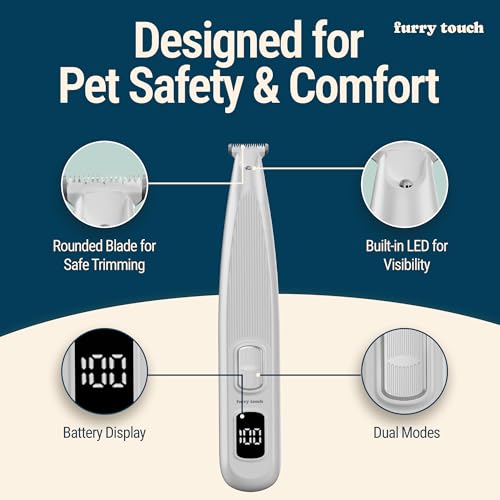 Furry Touch Dog Paw Trimmer - Electric Cordless Pet Clippers for Dogs & Cats - Quiet Dual-Speed Groomer with Pet-Safe Blade for Feet, Ears, Face - USB-C Rechargeable - with Travel Bag, Comb & Brush