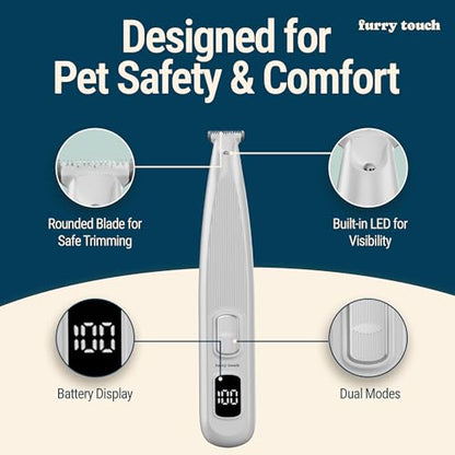 Furry Touch Dog Paw Trimmer - Electric Cordless Pet Clippers for Dogs & Cats - Quiet Dual-Speed Groomer with Pet-Safe Blade for Feet, Ears, Face - USB-C Rechargeable - with Travel Bag, Comb & Brush