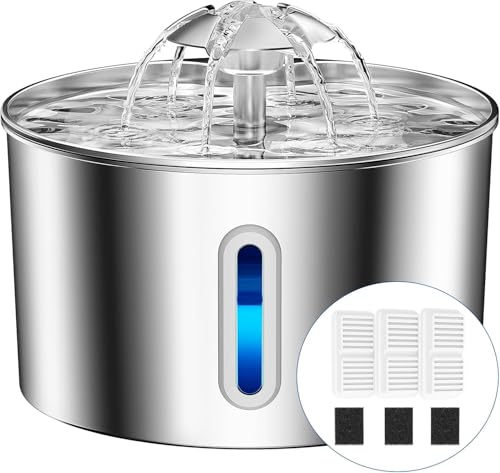Cat Water Fountain Stainless Steel - 74oz/2.2L Automatic Large Pet Watering Bowl Dispenser for Indoor Dogs - Drinking Fountains with 3 Filter, Gifts for Cats and Kitty - Dog Waterer Bowls No Spill