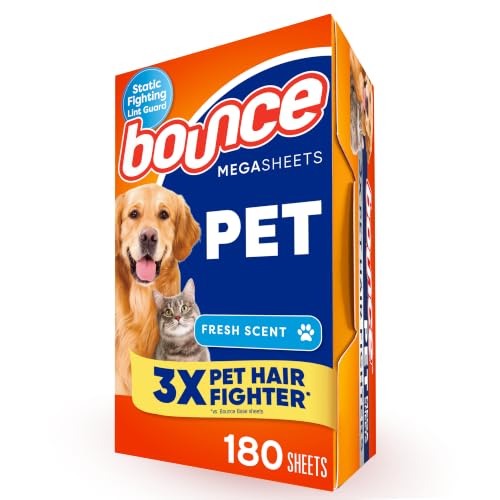 Bounce Pet Hair and Lint Guard Mega Dryer Sheets, 180 Count, Fresh Scent, 3X Pet Hair Fighters