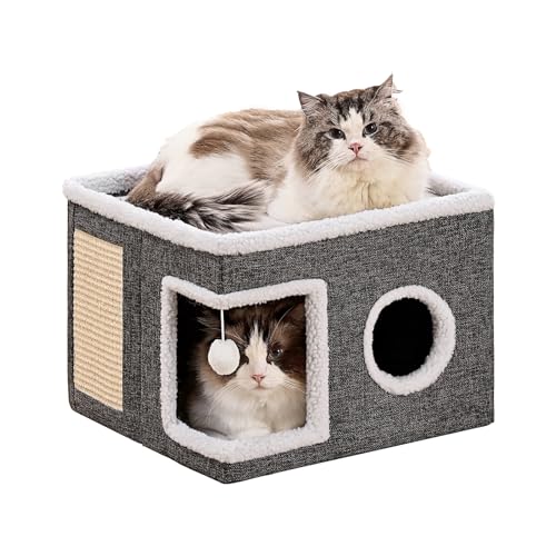 Crispedia Cat Beds for Indoor Cats, Large Cat Cave with Fluffy Ball and Scratch Pad, Foldable Cat Scratch House with Hideaway Condo for Kitten, 16x16x13inch, Grey