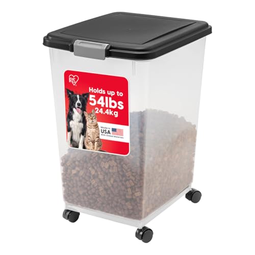 IRIS USA Airtight Dog Food Storage Container, Up to 54 lbs, Attachable Wheels, For Dog Cat Bird and Other Pet Food Storage Bin, Keep Fresh, Translucent Body, Easy Mobility, Black