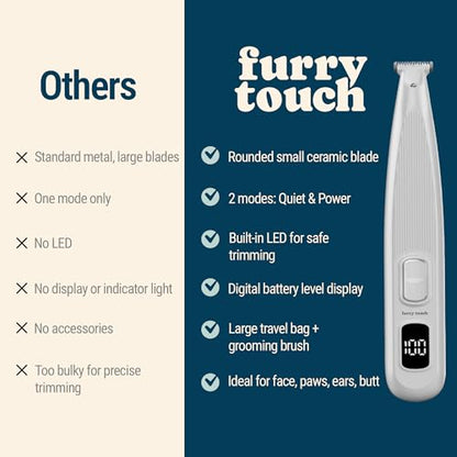 Furry Touch Dog Paw Trimmer - Electric Cordless Pet Clippers for Dogs & Cats - Quiet Dual-Speed Groomer with Pet-Safe Blade for Feet, Ears, Face - USB-C Rechargeable - with Travel Bag, Comb & Brush