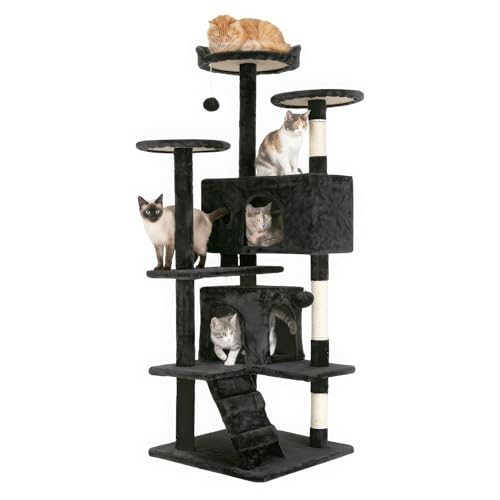FDW | 54" Cat Tree Tower | Dark Gray | Multi-Level Indoor Activity Center with Sisal Scratching Posts, Condos, Plush Perches, Hanging Cat Toys | Sturdy, Easy to Assemble | for Kittens & Adult Cats