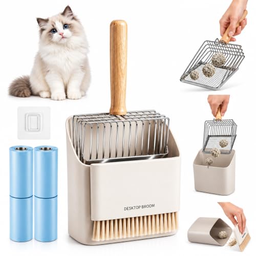 4 Pack Cat Litter Scoop Set, Cat Litter Scooper with Holder | Metal Cat Litter Scoop with Wood Handle, Mini Broom and Dustpan, 75 Bags, Coarse & Fine Mesh for Faster Sifting