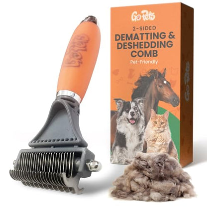 GoPets 2-in-1 Dematting Comb for Dogs, Pet Grooming Rake, Double-Sided Dog Brush for Shedding, Deshedding Brush for Cats, Undercoat Mat Dematting Tool for Long Haired Cats, Grooming Matting Hair