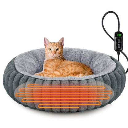 INVENHO Heated Cat Beds for Indoor Cats and Small Dogs, 20" Cozy Donut Heated Pet Bed with Timer & Temp Adjustable, Removable Waterproof Electric Warming Bed for Indoor Cat