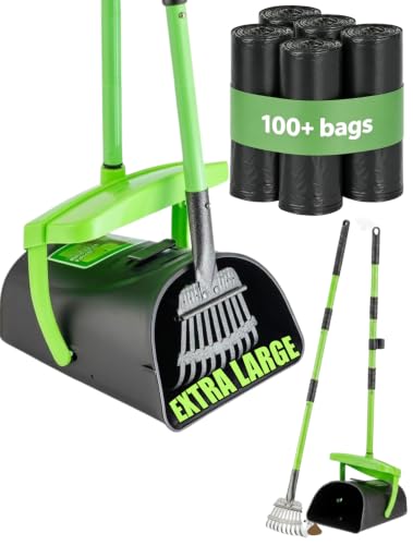 MXF 40.16" Pooper Scooper Set – Swivel Bin & Rake Kit with 100 Waste Bags | Long Handle Waste Pick Up Tool with Bag Attachment. Fits Large to Small Dogs on Lawn, Yard, Grass, Gravel, & Kennels