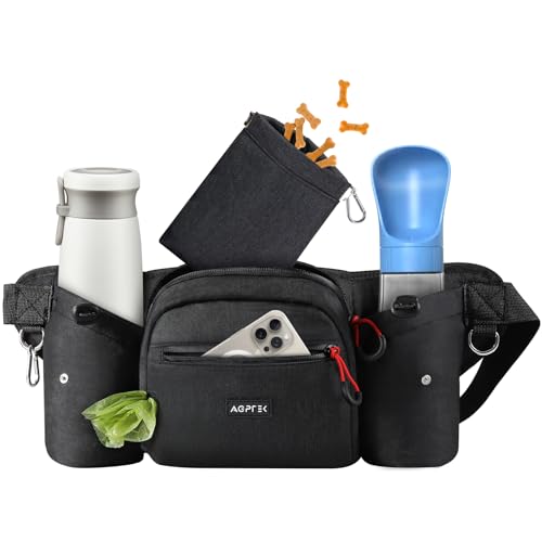 AGPTEK Dog Walking Fanny Pack, Large Capacity Dog Training Treat Pouch, Waist Bag with Removable Snack Pouch, Water Holder, Poop Bag Dispenser, Waterproof Zipper, Adjustable Strap, Black