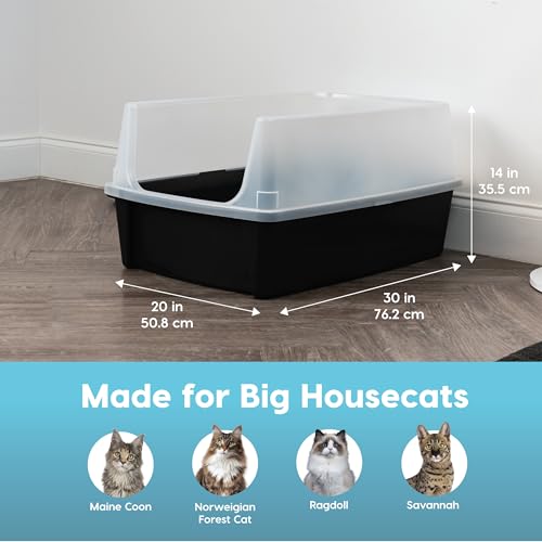 IRIS USA XX-Large High Sided Cat Litter Box, Scatter Shield, Black | Huge 30" x 20" x 14", Multi-Cat Use, Jumbo Capacity Pan, Extended Length Design, Oversized Basin, Multiple Cat Ready