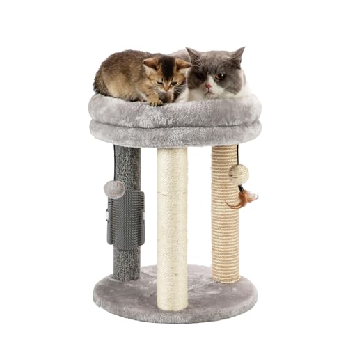 MECOOL 4in1 Small Cat Tree, Scratching Post with Tower Soft Bed, Sisal Carpet Jute Posts with Three Hanging Ball Toys and Massage Brush for Indoor Cats and Kittens