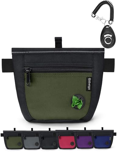 Gobeigo Dog Treat Pouch and Training Clicker, Upgrade Two Magnetic Closure to Prevent Spills, 2 Cup Treat Bag with Poop Bag Dispenser, Metal Clip Waist Belt Fanny Pack for Pet Walk (Black/Army Green)