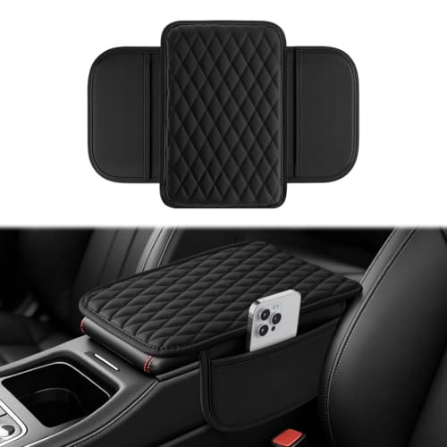 Amiss Car Center Console Cover, Upgraded Leather Car Armrest Cushion with 2 Storage Pockets, Universal Waterproof Cushion Pad, Non-Slip Car Interior Accessories, Fits Most Sedans SUVs Trucks (Black)