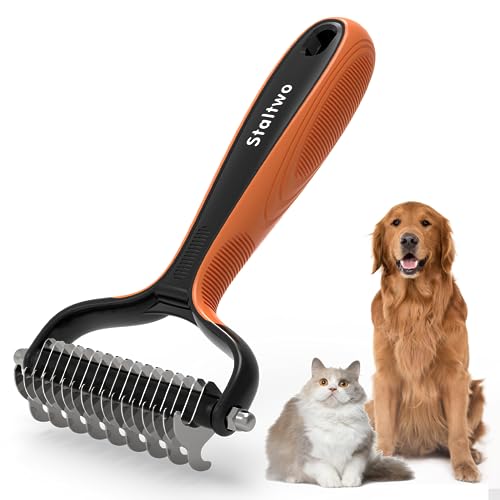 Staltwo Deshedding Dog Brush for Shedding - 2-in-1 Professional Undercoat Rake and Pet Grooming for Dogs and Cats | Shedding Control for Long-Haired Dogs and Cats, Deshedding Tool, Knot Removal,Orange