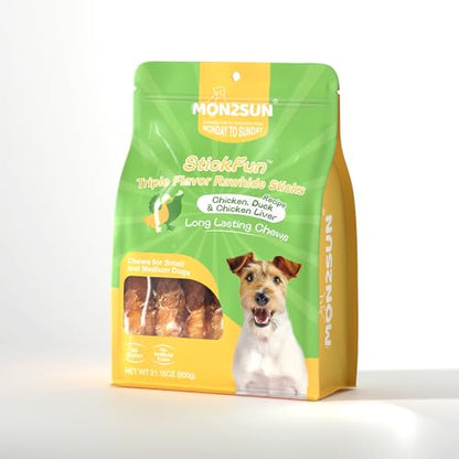 MON2SUN Dog Treats, Triple Flavor 5 Inch Chicken Liver Duck and Chicken Wrapped Rawhide Snacks for Small and Medium Dogs, 21.16 Oz (30 Count-Pack of 1)