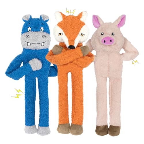 CneeeeeB 3 Pack No Stuffing Dog Toys Crinkle Squeaky Interactive Plush Dog Toy, not for Aggressive Chewers, to Keep Them Busy,Shape Orange Fox Pink Pig Blue Hippo