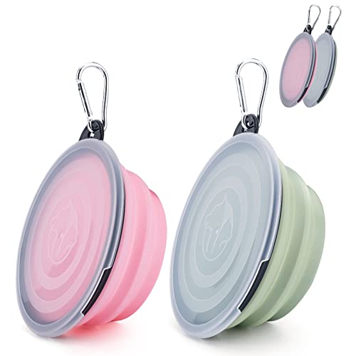 SLSON Collapsible Pet Feeder, 2 Pack Dog Bowls with Cover Lids, Portable Foldable Cat Water Dish Bowl for Pets, Small, Fairy Pink and Sprout Green