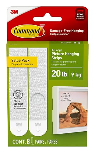 Command 20 lb XL 8 Pairs Heavyweight Picture Hanging Strips (16 Strips), Damage-Free Hangers for Picture Frames, No Tools Required, Ideal for Home Room Wall Decor, White Adhesive
