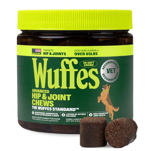 Wuffes Advanced Hip & Joint Chews for Large Breed Dogs, Vet Recommended, Glucosamine, Chondroitin, MSM, Green-Lipped Mussel, Hyaluronic Acid & Omega-3s. Supports Mobility & Flexibility. 30 Pork Chews