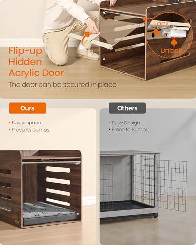 Feandrea Modern Dog Crate Furniture with Charging Station, Medium Kennel Indoor with Flip-up Hidden Acrylic Door, for Small and Medium Dogs up to 45 lb, Pet Side End Table Cage, Natural Walnut