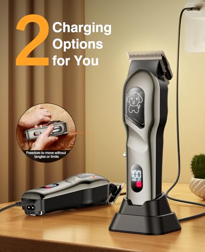Dog Clippers for Grooming, Dog Grooming Kit, Low Noise, Thick Fur, Gunmetal | IPX7 waterproof rechargeable cordless trimmer, stainless steel blade, 6 guide combs, dual charging via dock or USB cable