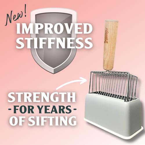 Sprinkle & Sweep Metal Cat Litter Scoop - Heavy Duty Litter Scooper & Speed Sifter with Comfortable Beech Wood Grip - Washable Convenient Stand for Easy and Efficient Cleaning
