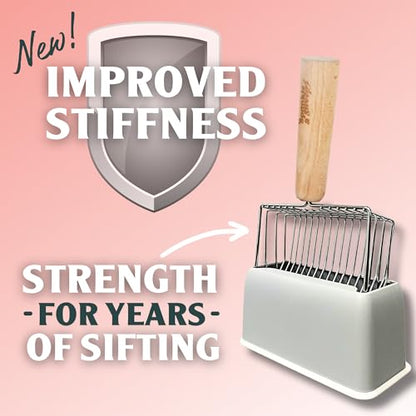 Sprinkle & Sweep Metal Cat Litter Scoop - Heavy Duty Litter Scooper & Speed Sifter with Comfortable Beech Wood Grip - Washable Convenient Stand for Easy and Efficient Cleaning