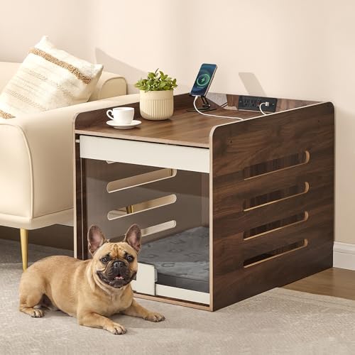 Feandrea Modern Dog Crate Furniture with Charging Station, Medium Kennel Indoor with Flip-up Hidden Acrylic Door, for Small and Medium Dogs up to 45 lb, Pet Side End Table Cage, Natural Walnut