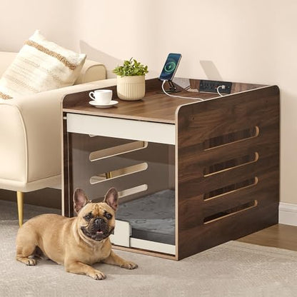 Feandrea Modern Dog Crate Furniture with Charging Station, Medium Kennel Indoor with Flip-up Hidden Acrylic Door, for Small and Medium Dogs up to 45 lb, Pet Side End Table Cage, Natural Walnut