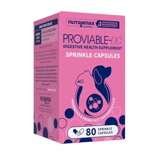 Nutramax Proviable Probiotics + Prebiotics, for Dogs & Cats, Capsules, 80ct | Probiotics and Prebiotics for Cats and Dogs, Daily Gut Health Support Supplement, Multiple Strains, Sprinkle on Food