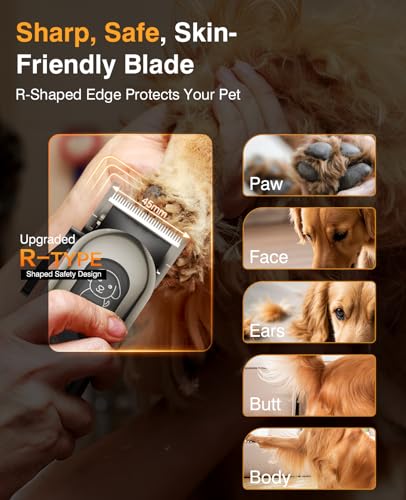 Dog Clippers for Grooming, Dog Grooming Kit, Low Noise, Thick Fur, Gunmetal | IPX7 waterproof rechargeable cordless trimmer, stainless steel blade, 6 guide combs, dual charging via dock or USB cable