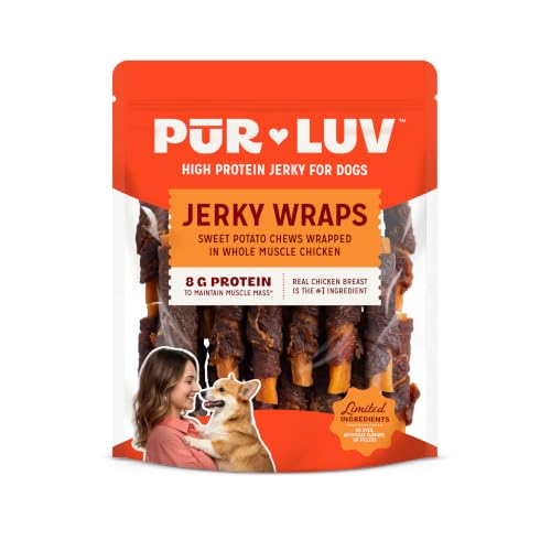 Pur Luv Chicken Wrapped Sweet Potato Dog Treats,16 Oz | Rawhide-free, high-protein jerky wrap: real chicken around sweet potato center; limited-ingredient; easily digestible