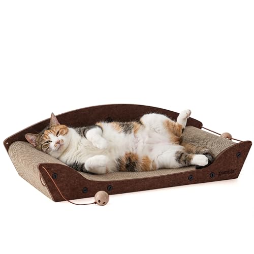 ZOMISIA 26 inch Cardboard Cat Scratcher Bed - Large Scratcher Couch for Indoor Cats, Orthopedic Scratching Board, Lounger Scratching Couch with Bells