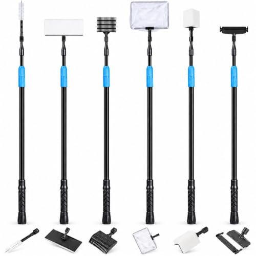 AquaMiracle 6 in 1 Aquarium Cleaning Tool Kit Fish Tank Cleaning Kit for 20-160 Gallon Tank with Telescopic Long Handle, Algae Scraper, Scrubber Pads, Tube Cleaner, Fish net, Gravel Rake
