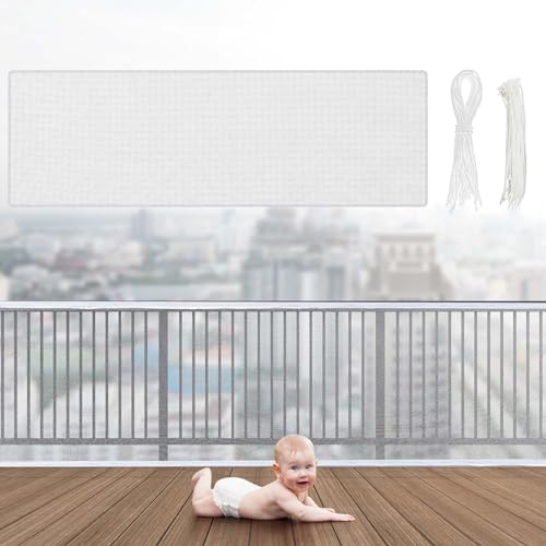 Hosuly Banister Guard 15 x 3 ft Balcony Netting for Kids Pets Stairway Safety Net Baby Fence Door Balcony Netting Safety Mesh Stair Net with No Drilling for Apartment Railing(White)