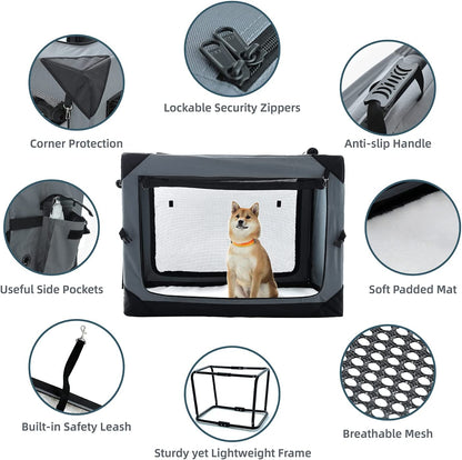 24 Inch 3-Door Collapsible Dog Crate for Small Dogs, Portable Dog Travel Crate for Indoor & Outdoor, Soft Side Puppy Foldable Kennel Cage with Durable Mesh Windows & Strong Steel Frame