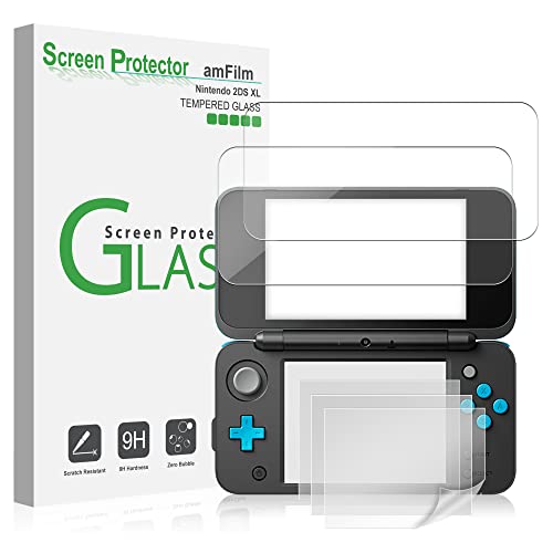 amFilm Screen Protector for Nintendo 2DS XL 2017, 2 GLASS Top, 4 PET Bottom