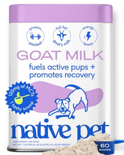 Native Pet Goat Milk Powder - Dog Food Topper for Active Dogs - Post-Activity Recovery, Energy, Immune Support, Hydration & Bone Health - Whole Goat Milk with MCTs & Essential Minerals - 60 Scoops