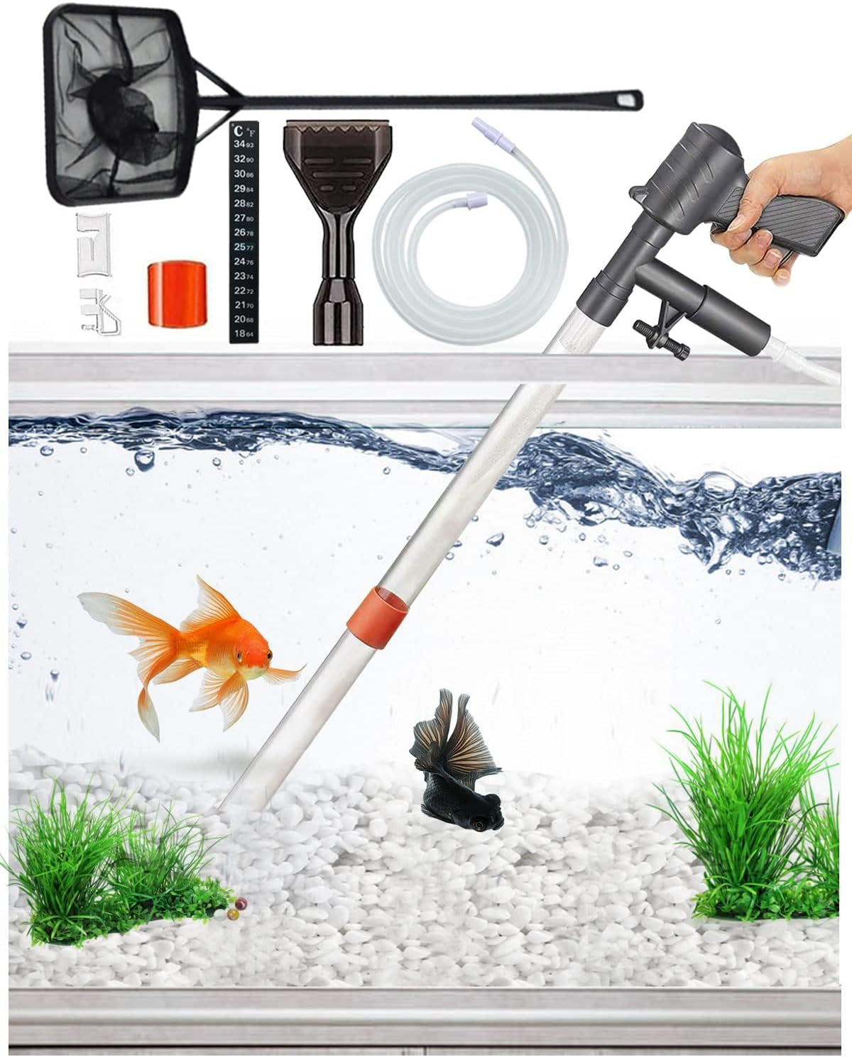 QZQ Aquarium Gravel Cleaner [2024 Edition] Vacuum Fish Tank Vacuum Cleaner Tools for Aquarium Water Changer with Aquarium Thermometers Fish Net Kit Use for Fish Tank Cleaning Gravel and Sand