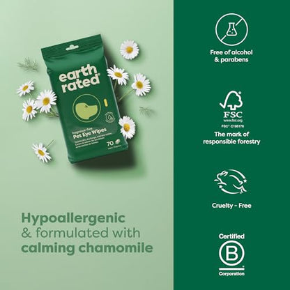 Earth Rated Vet-Developed Dog Eye Wipes, Hypoallergenic Pet Wipes for Dogs & Cats to Remove Dirt & Discharge, Fragrance Free, 70 Count