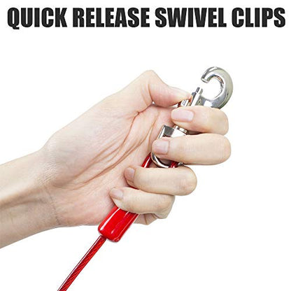 BV Dog Tie Out Cable 30 Feet - Heavy Duty Dog Lead Up to 125 Pounds - Reflective & Rust-Free with Quick Release Swivel Clips & 360° Rotating Clasp - Tangle-Free Dogs Runner for Yard (Red, Single)