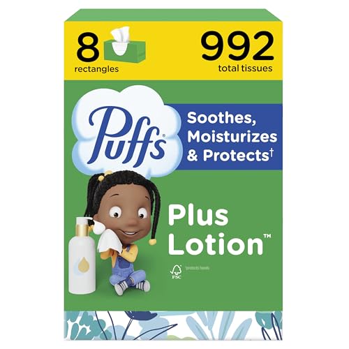 Puffs Plus Lotion Facial Tissues, 8 Family Boxes, 124 Facial Tissues per Box, Allergies and Colds