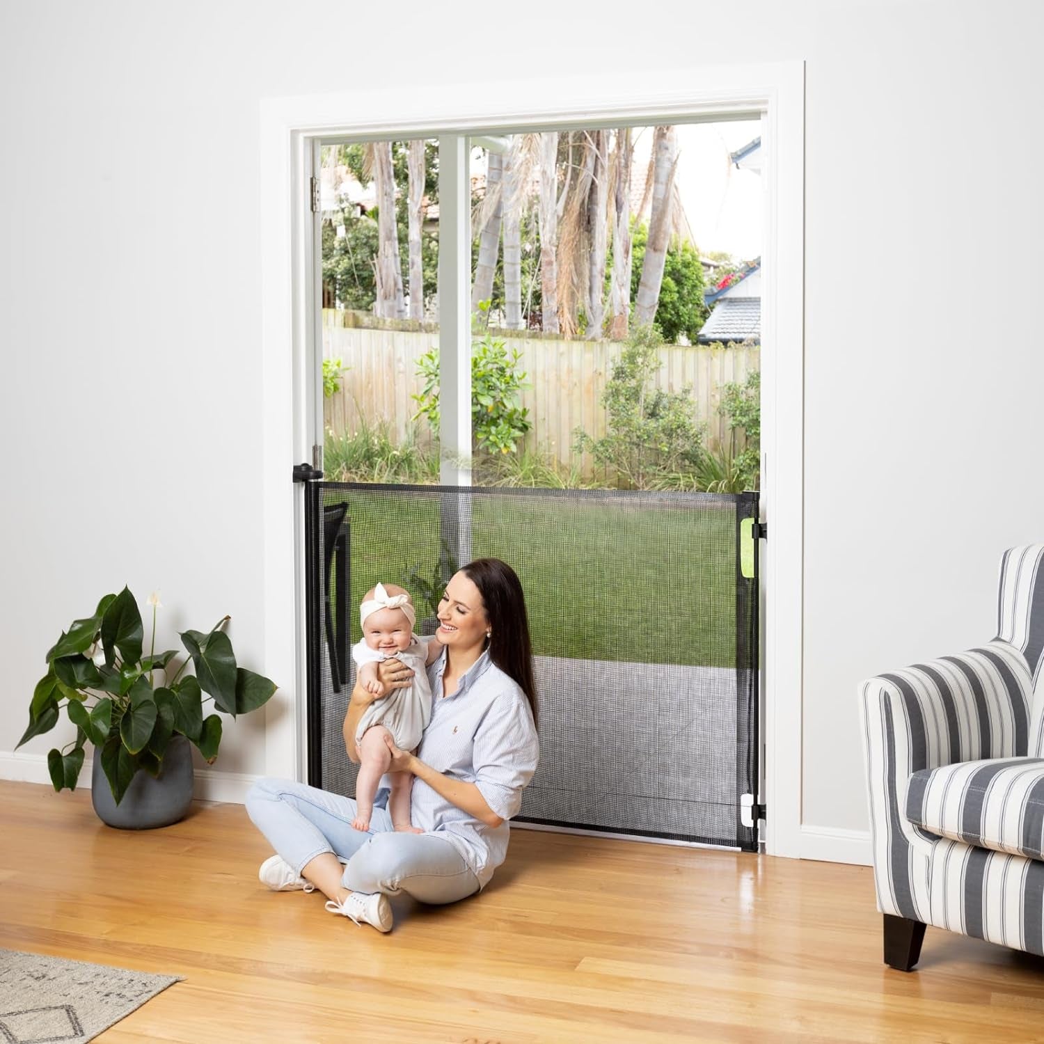 Retractable Baby Gate Perma Child Safety 41" Tall X 71” Wide, Mesh, for Stairs, Doorways, Dogs, Pets, Indoor, Outdoor, One-Handed Operation, Locking, Easy Install, Hardware Mount, Black