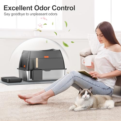 Stainless Steel Litter Box with Lid,Front Entry Top Exit Kitty LitterBox,Extra Large Enclosed Metal Cat Box with Litter Scoop & Litter Mat-Black