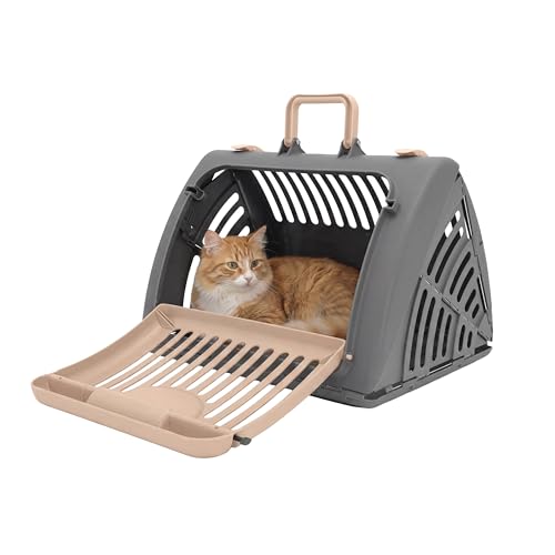 SportPet Designs Foldable Travel Cat Carrier - Front Door Plastic Collapsible Carrier, Gray and Tan, Medium (Pack of 1)