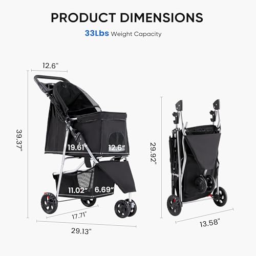 KMFurnila 3 Wheel Pet Stroller for Dogs and Cats, Foldable Design