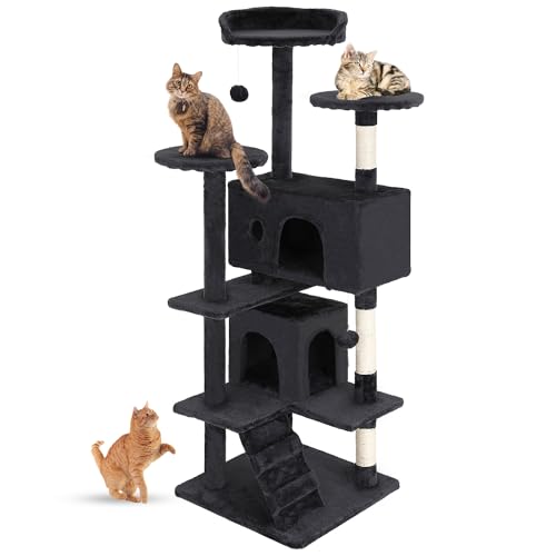 FDW | 54" Cat Tree Tower | Dark Gray | Multi-Level Indoor Activity Center with Sisal Scratching Posts, Condos, Plush Perches, Hanging Cat Toys | Sturdy, Easy to Assemble | for Kittens & Adult Cats