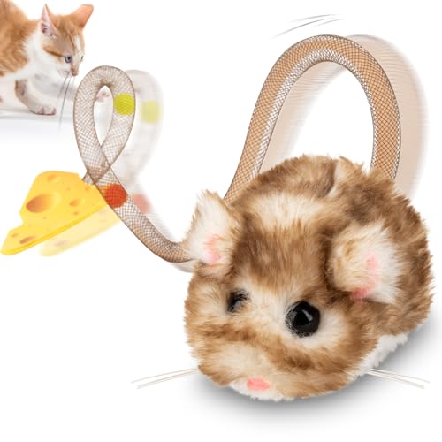 Migipaws Interactive MigiMouse Cat Toy 360° Rolling & Spin with Mesh Plastic Tail for Indoor Cats Smart Motion Sensor, Realistic Squeak, Rechargeable Plush Kitten Toy(Brown Long)