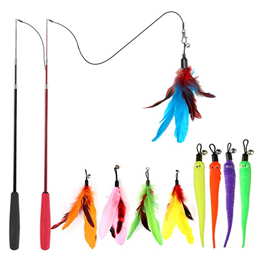MeoHui Cat Toys for Indoor Cats, Interactive Cat Toy 2PCS Retractable Wand Toy and 9PCS Cat Feather Toys Refills, Funny Kitten Toys Cat Fishing Pole Toy for Bored Indoor Cats Chase and Exercise