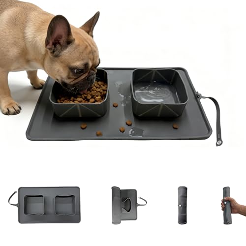 PICCYIN No Spill Collapsible Dog Bowls with Mat, 20oz 2-in-1 Roll-Up Silicone Pet Feeding Station, Portable BPA-Free Travel Dog Bowls for Car, Camping, and Outdoor Use